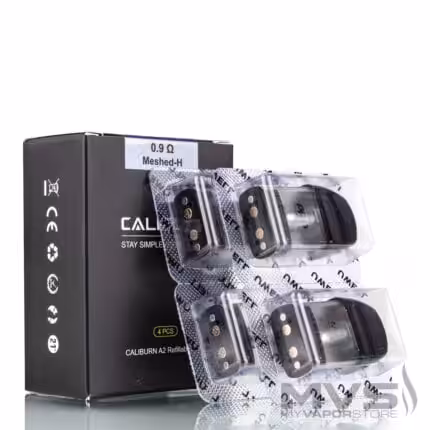 Set of four UWELL Caliburn A2 refillable pods for vaping devices.