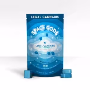Space Gods Gummies legal cannabis product with blue packaging and cubes.