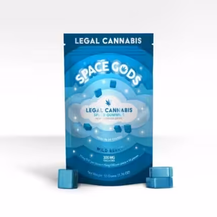 Space Gods Gummies legal cannabis product with blue packaging and cubes.
