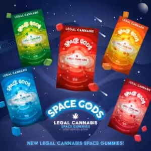 Colorful space-themed cannabis gummies packaging for Space Gods Gummies.