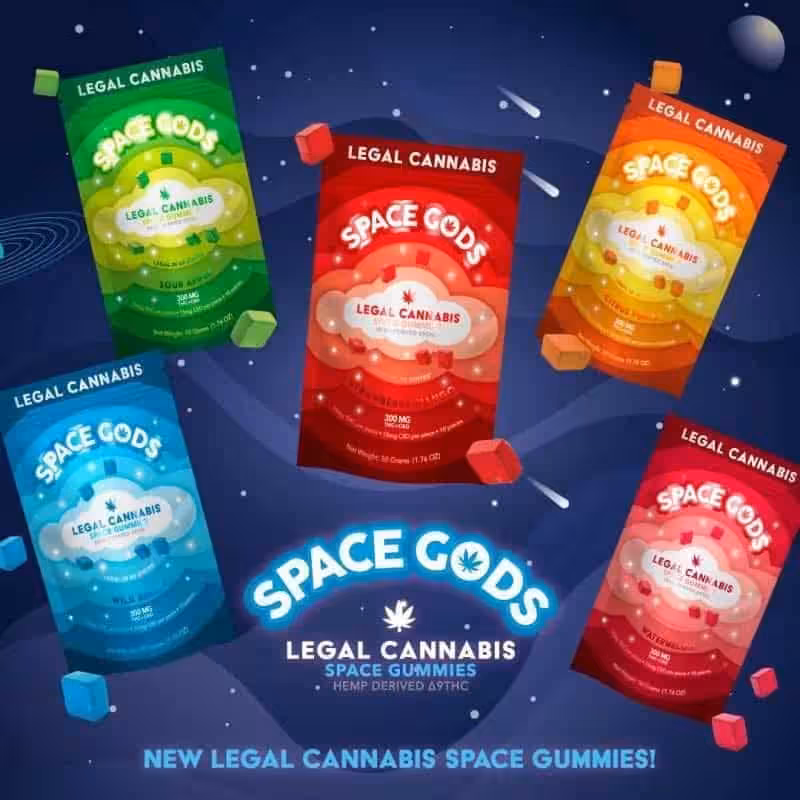 Space Gods Gummies - Legal Cannabis Space Gummies Colorful space-themed cannabis gummies packaging for Space Gods Gummies.