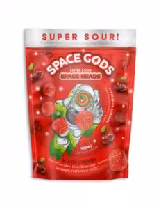 Space Gods Space Heads Gummies in black cherry flavor, 900mg, with astronaut and cherry imagery.