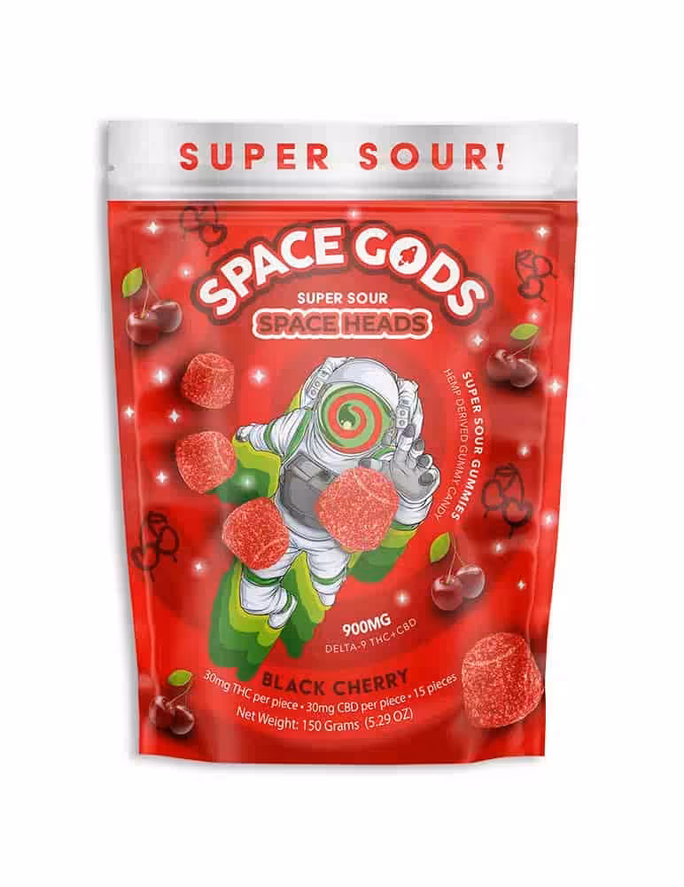 Space Gods Space Heads Gummies 900mg Space Gods Space Heads Gummies in black cherry flavor, 900mg, with astronaut and cherry imagery.